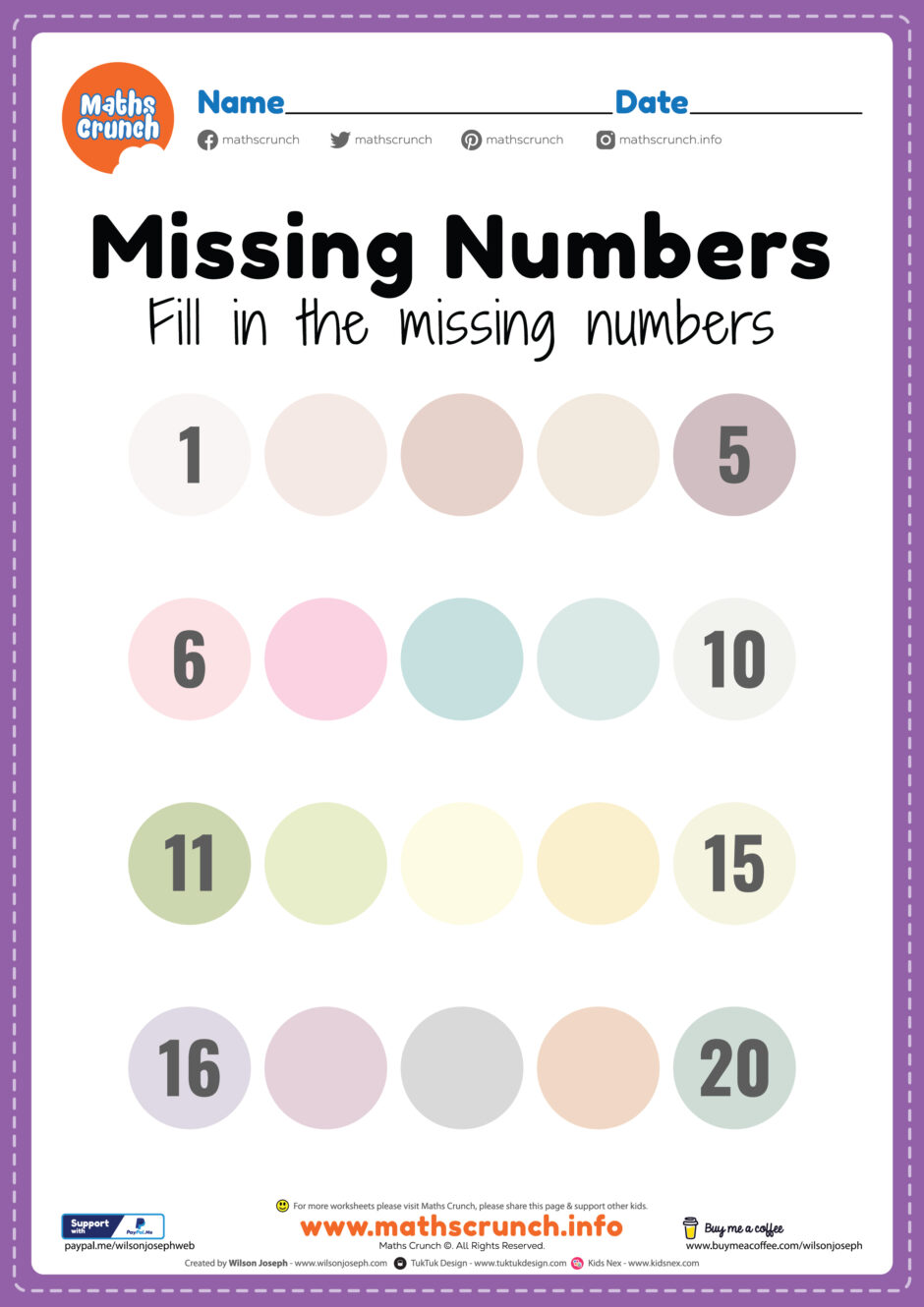 Missing Numbers 1 to 20 Worksheet