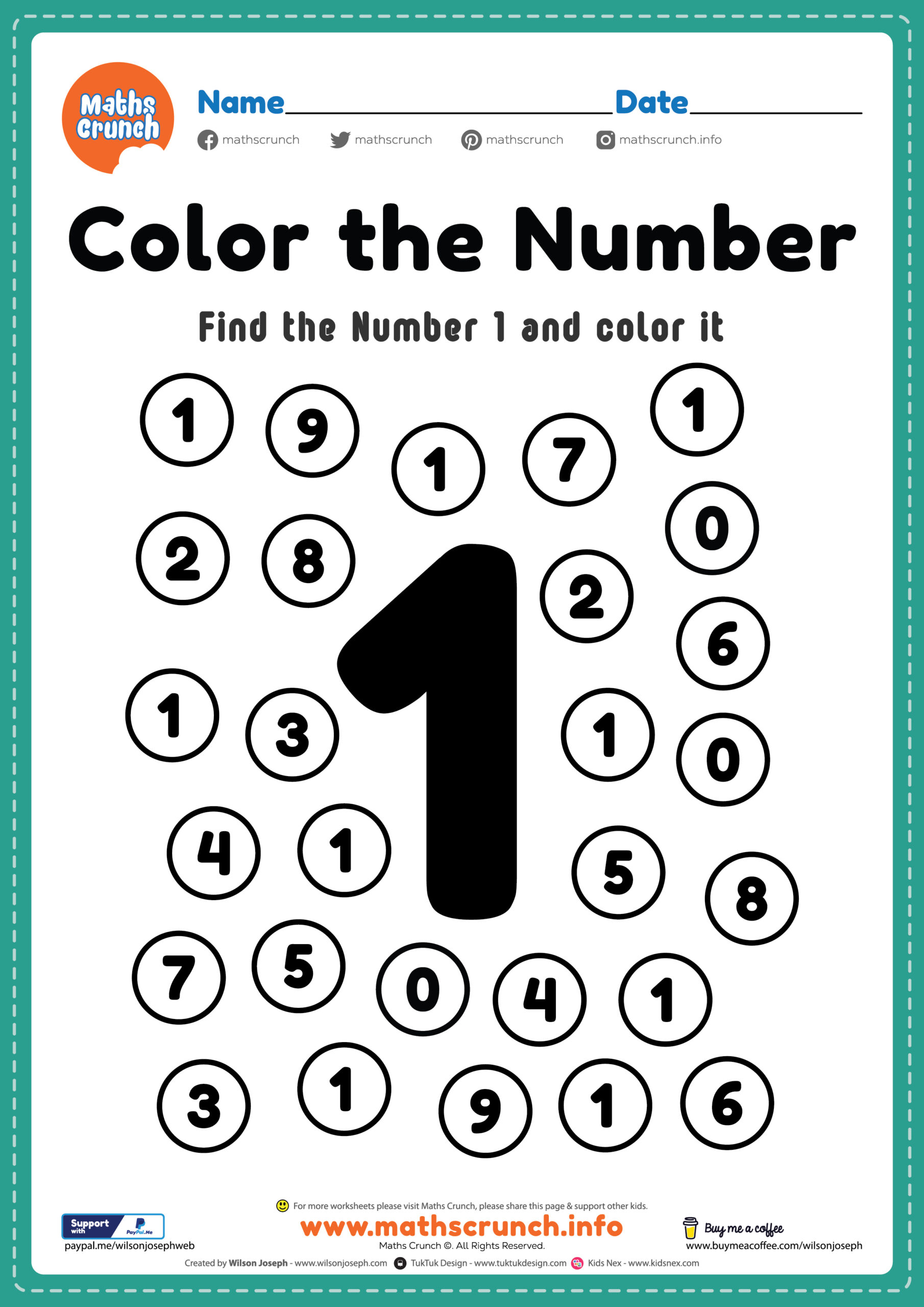 Coloring Numbers Number 1 Worksheet Free Printable PDF