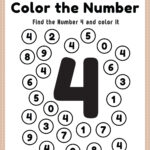 Kindergarten Math Worksheet, Number 4 Coloring