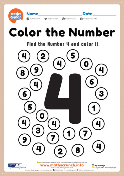 Kindergarten Math Worksheet, Number 4 Coloring