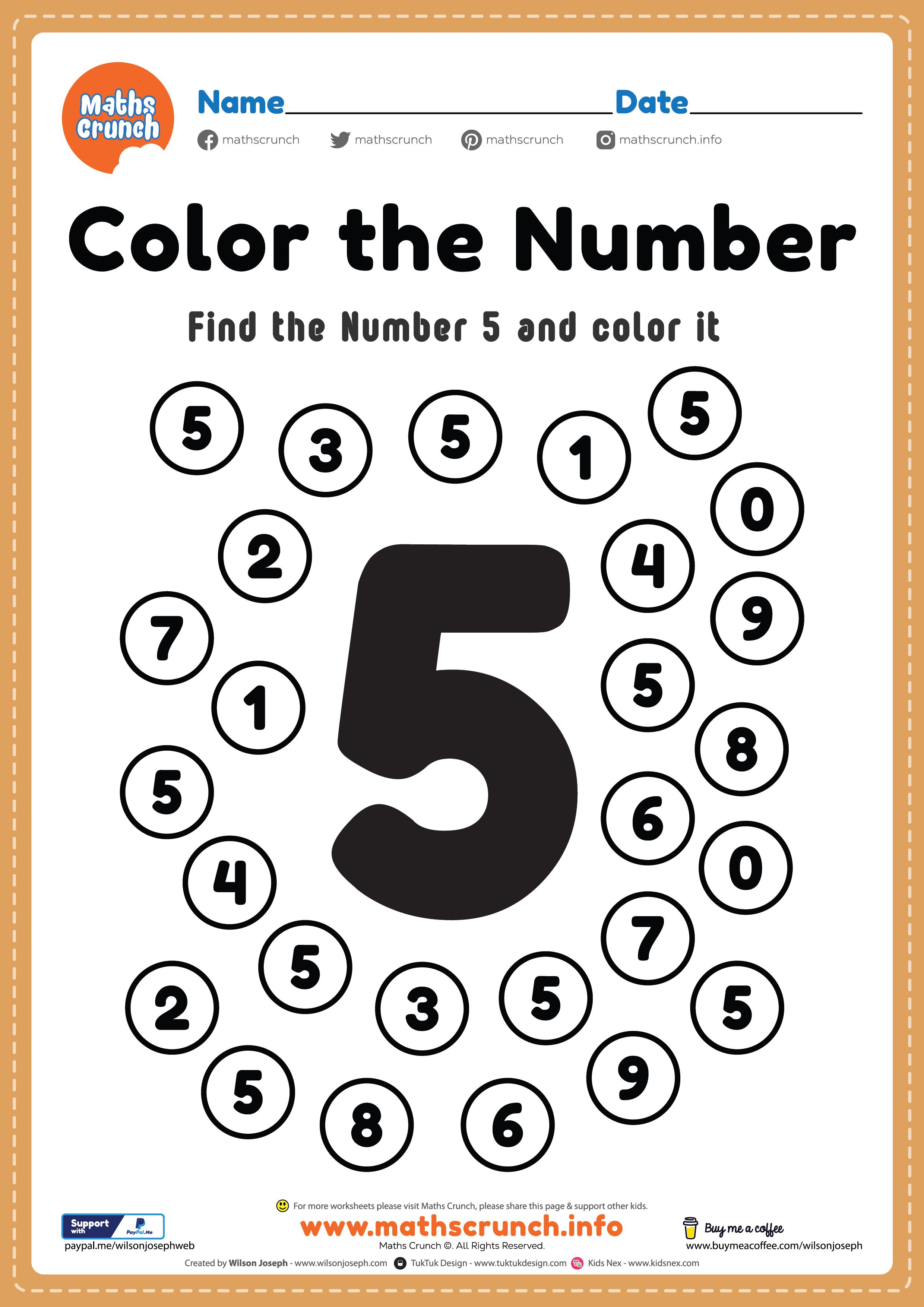Preschool Math Worksheet, Number 5 Coloring