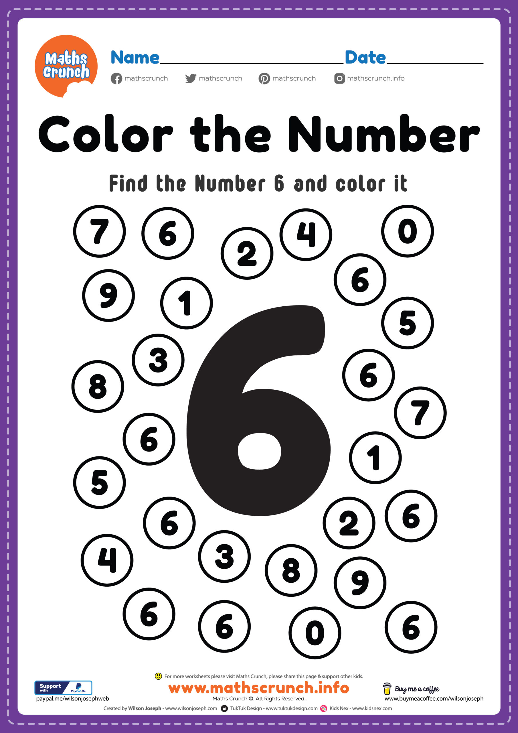 Maths Worksheet for Nursery, Number 6 Coloring