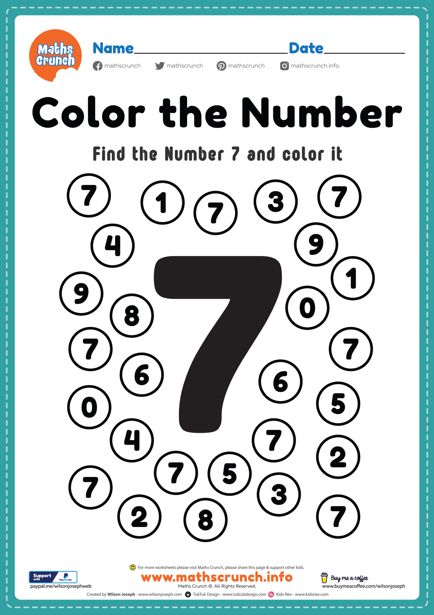 Pre K Math Worksheets, Number 7 Coloring