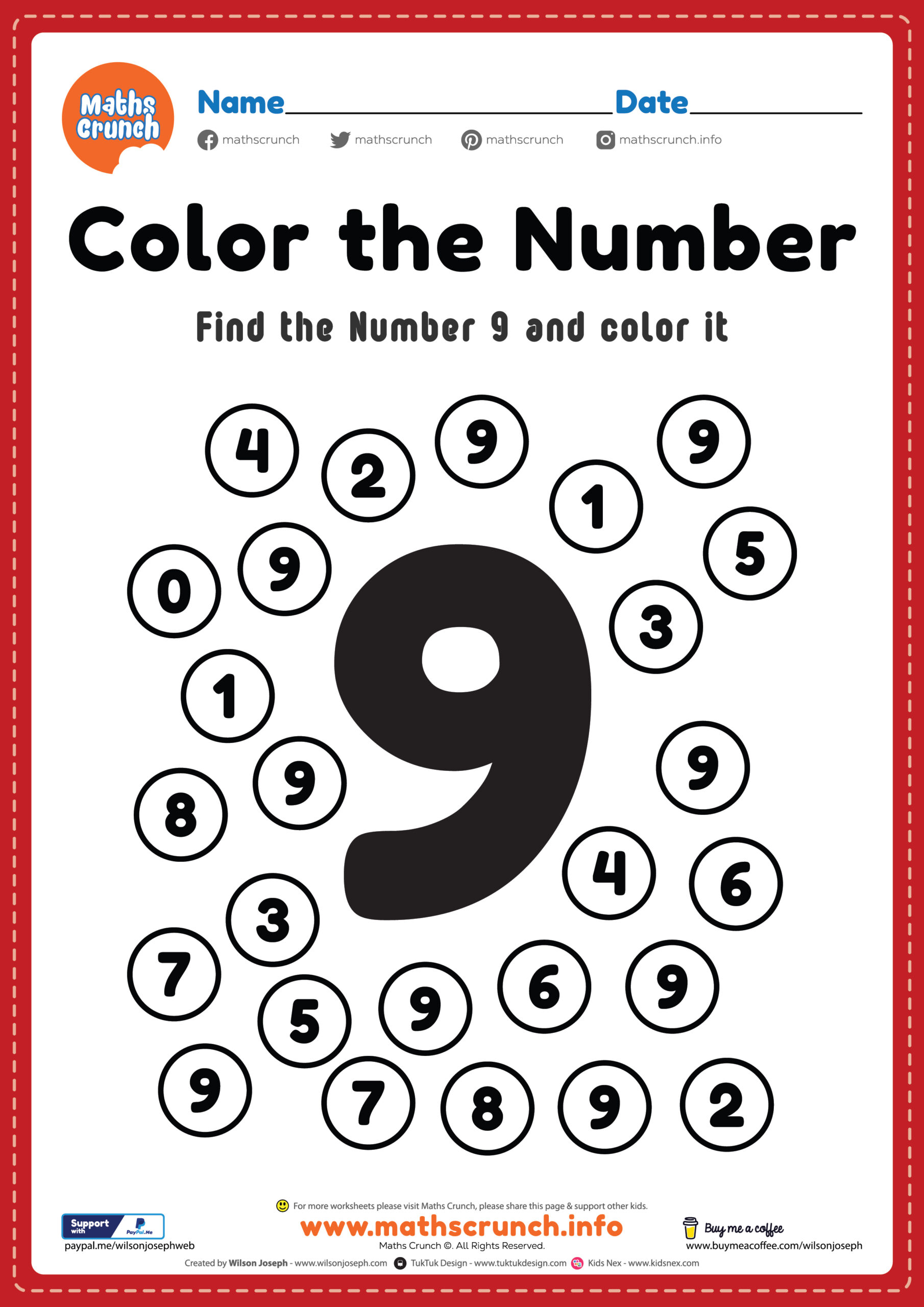 Number Worksheets for Preschool, Number 9 Coloring