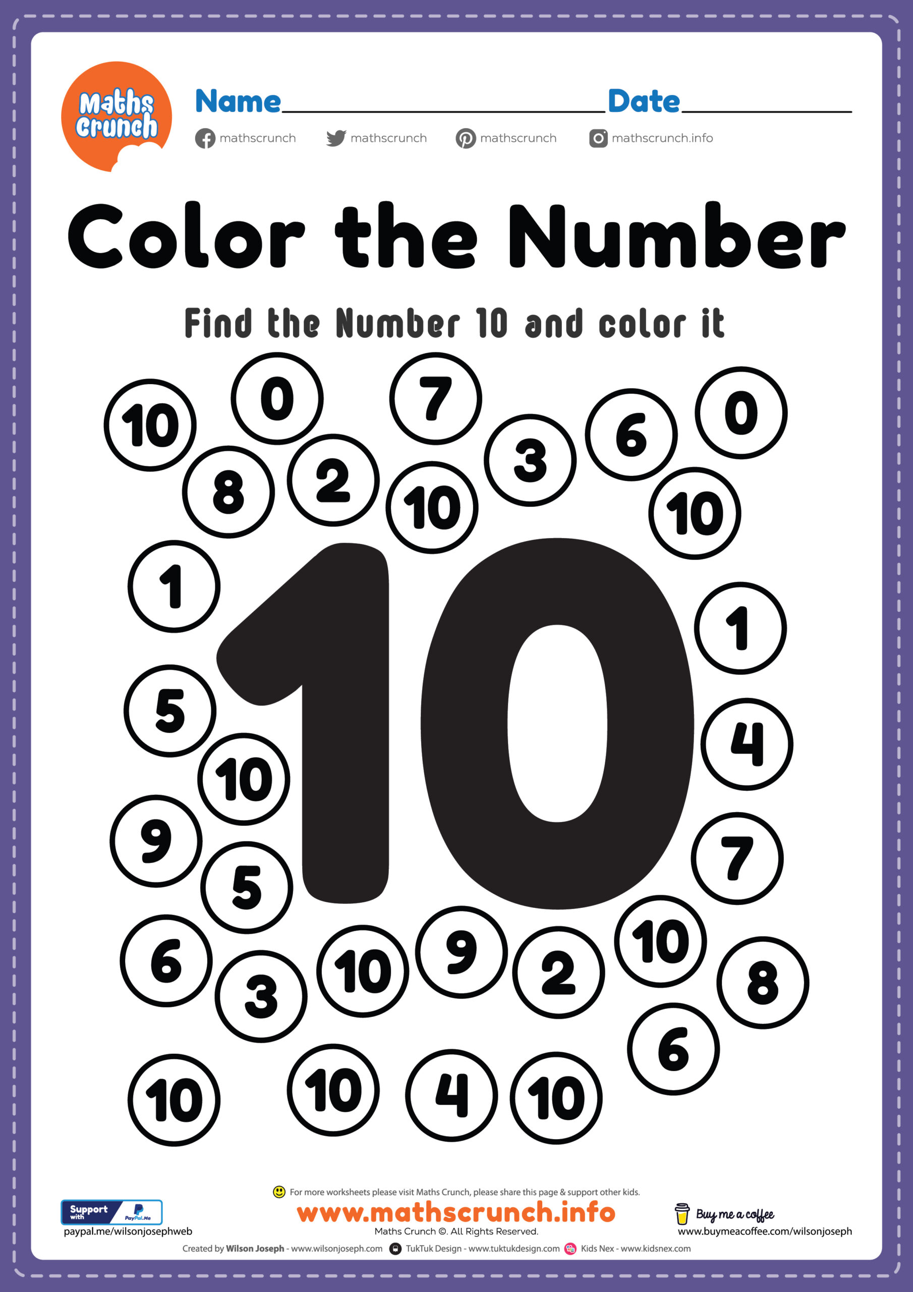 Maths Worksheet for KG Class, Number 10 Coloring