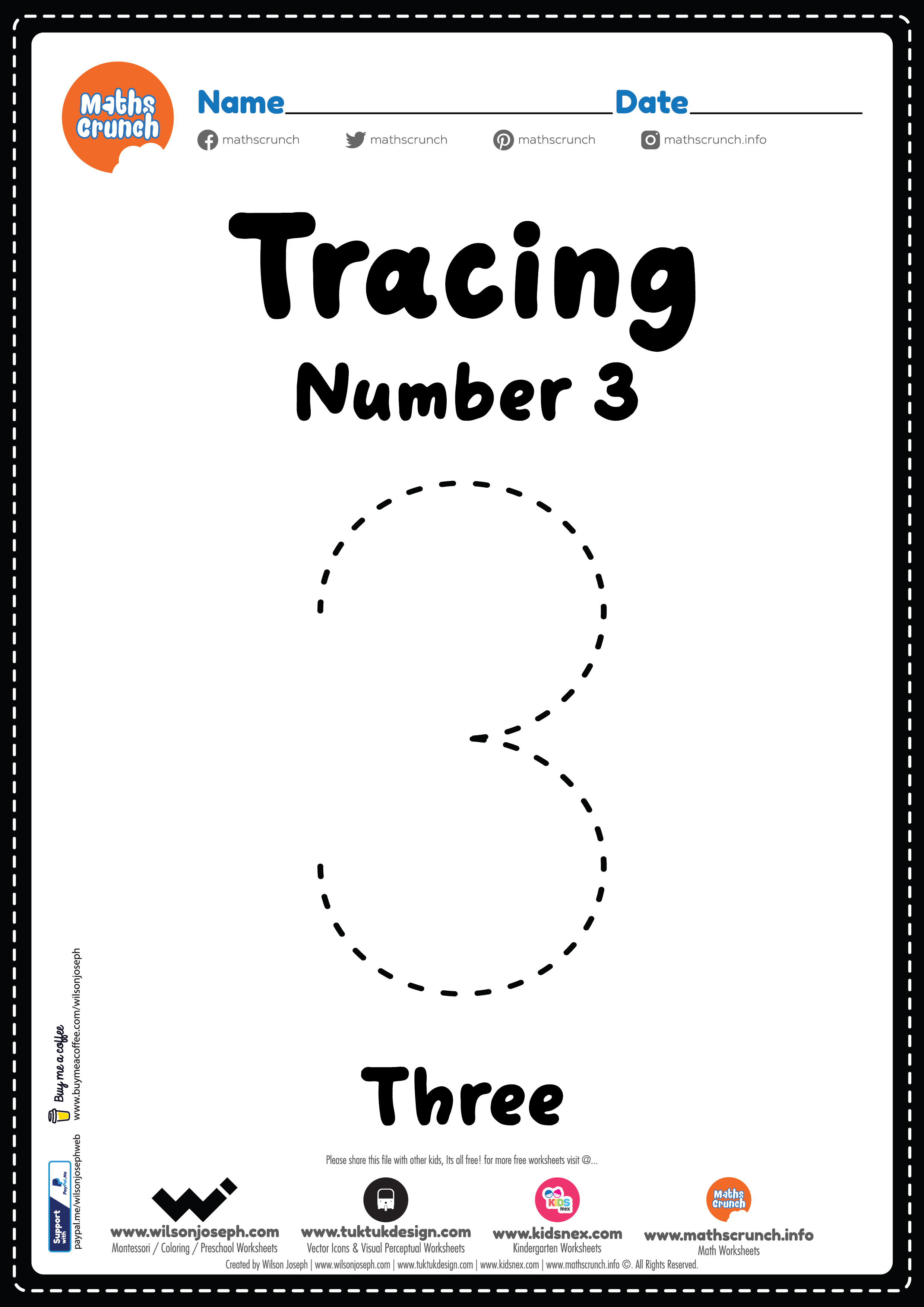 tracing number 3 worksheet for kids free printable pdf