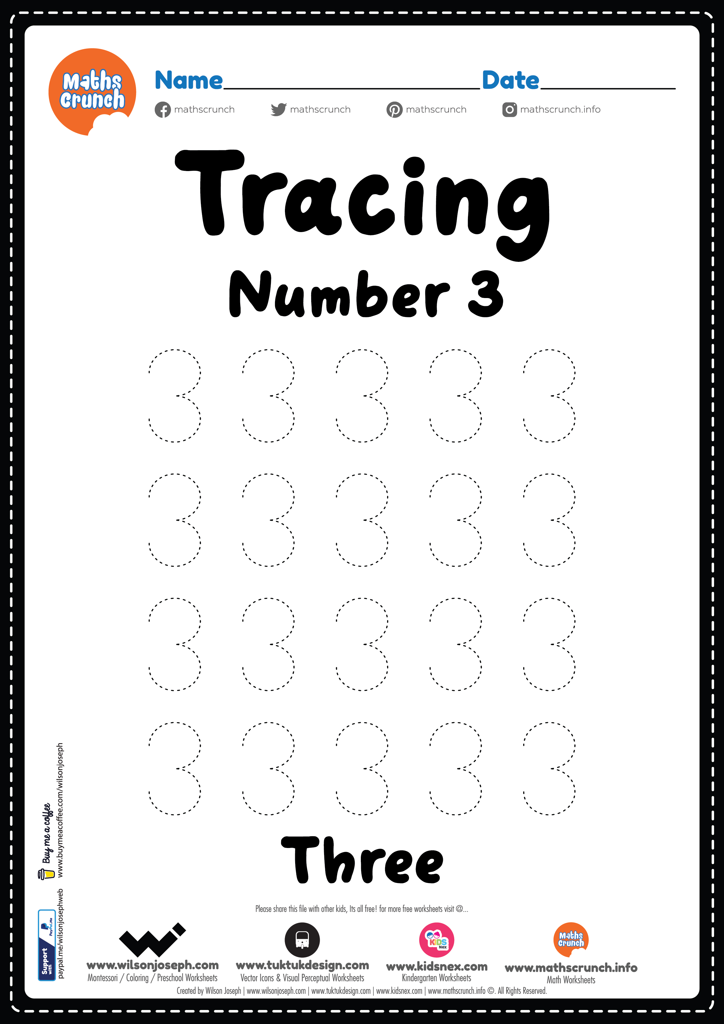 Tracing Number 3 Kindergarten Worksheet Free Printable PDF
