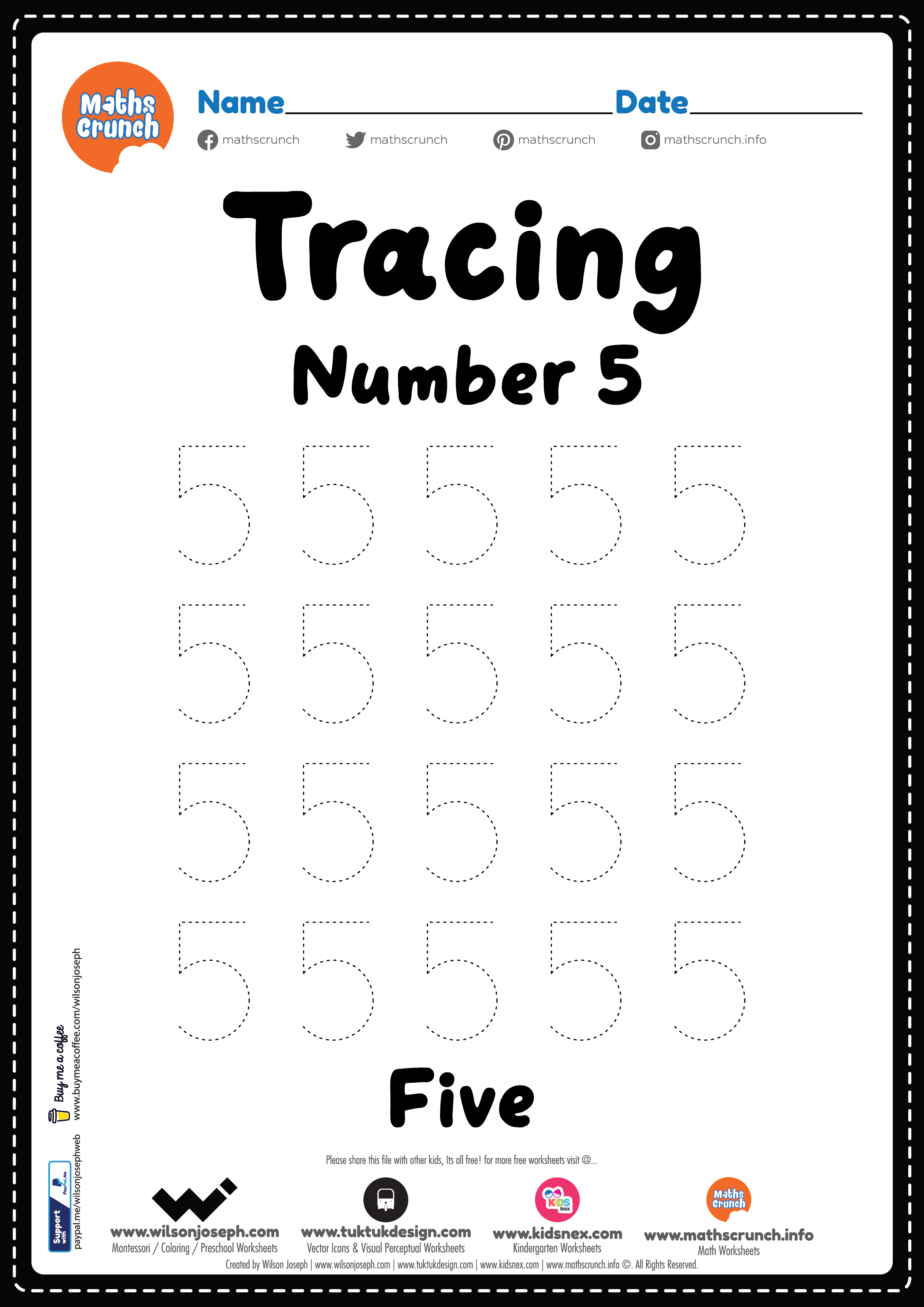 tracing number 5 kindergarten worksheet free printable pdf