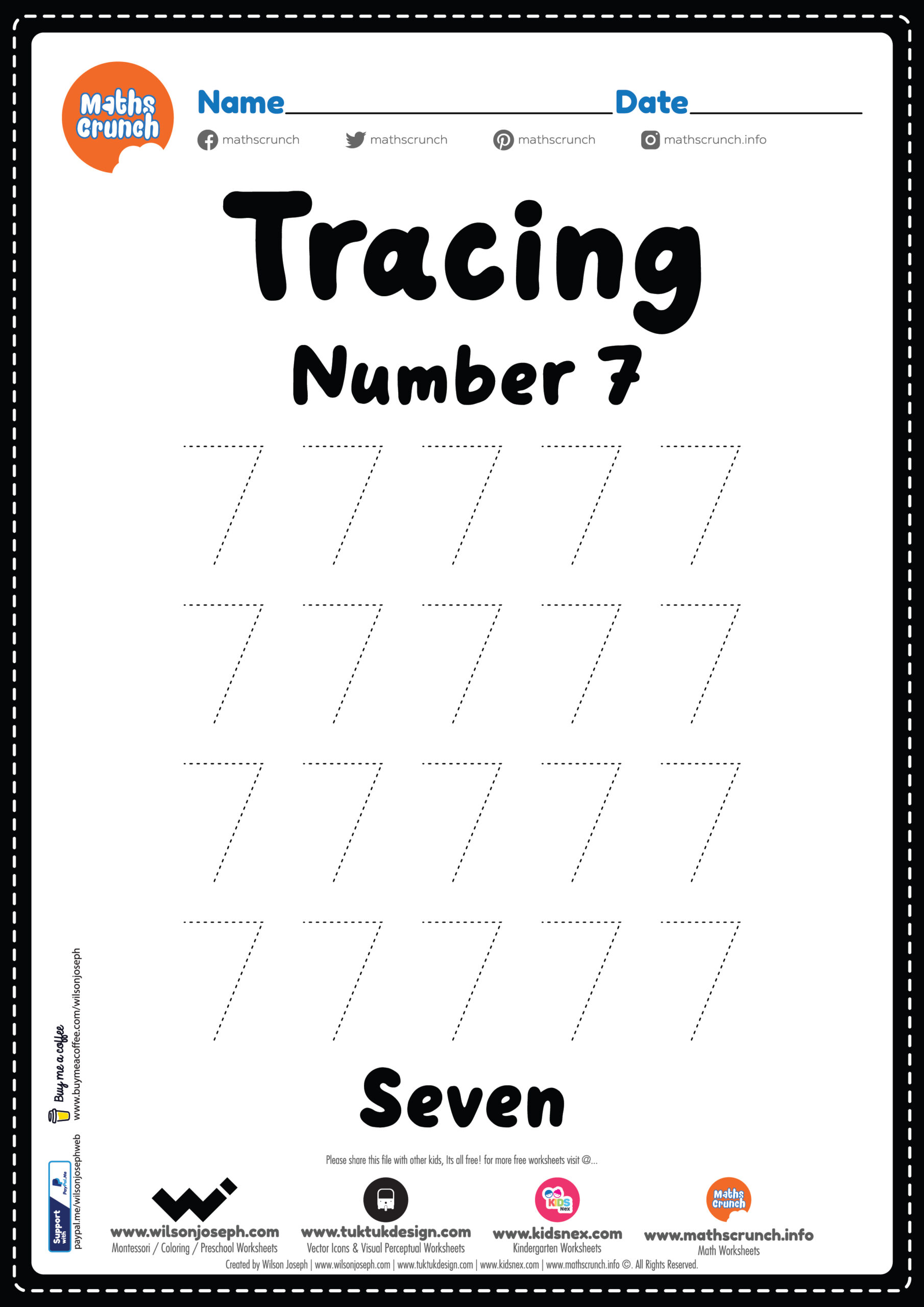 Tracing Number 7 Kindergarten Worksheet Free Printable PDF