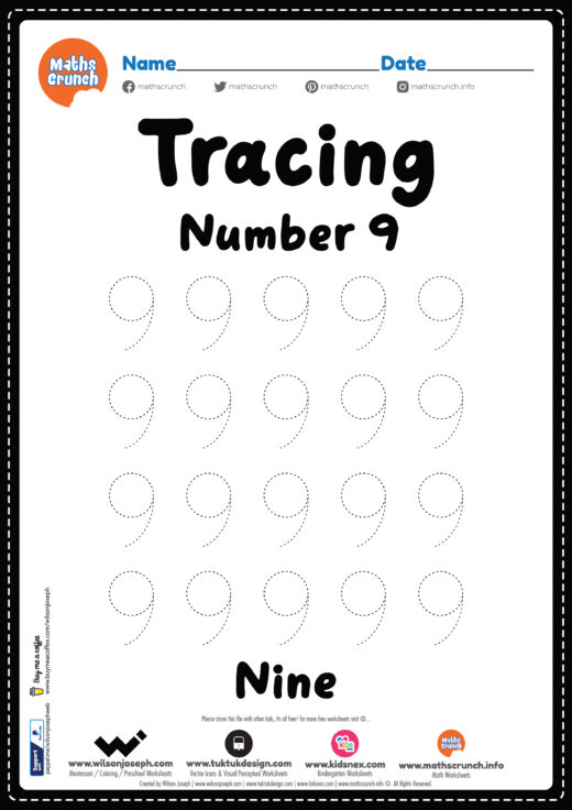 Tracing Number 9 - Kindergarten Worksheet Free Printable PDF