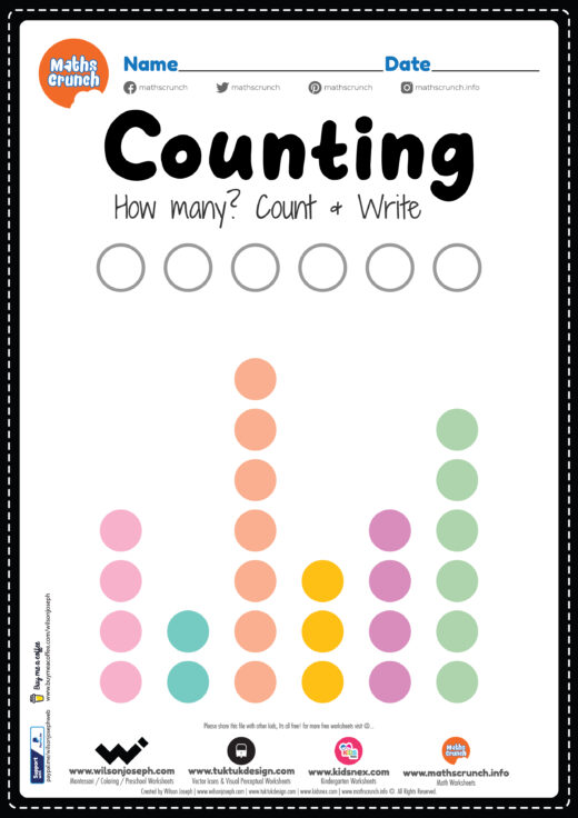 Number counting worksheet, math printable sheet for preschool, kindergarten and Montessori kids activity to learn basic mathematics count and write skills in a printable PDF file.